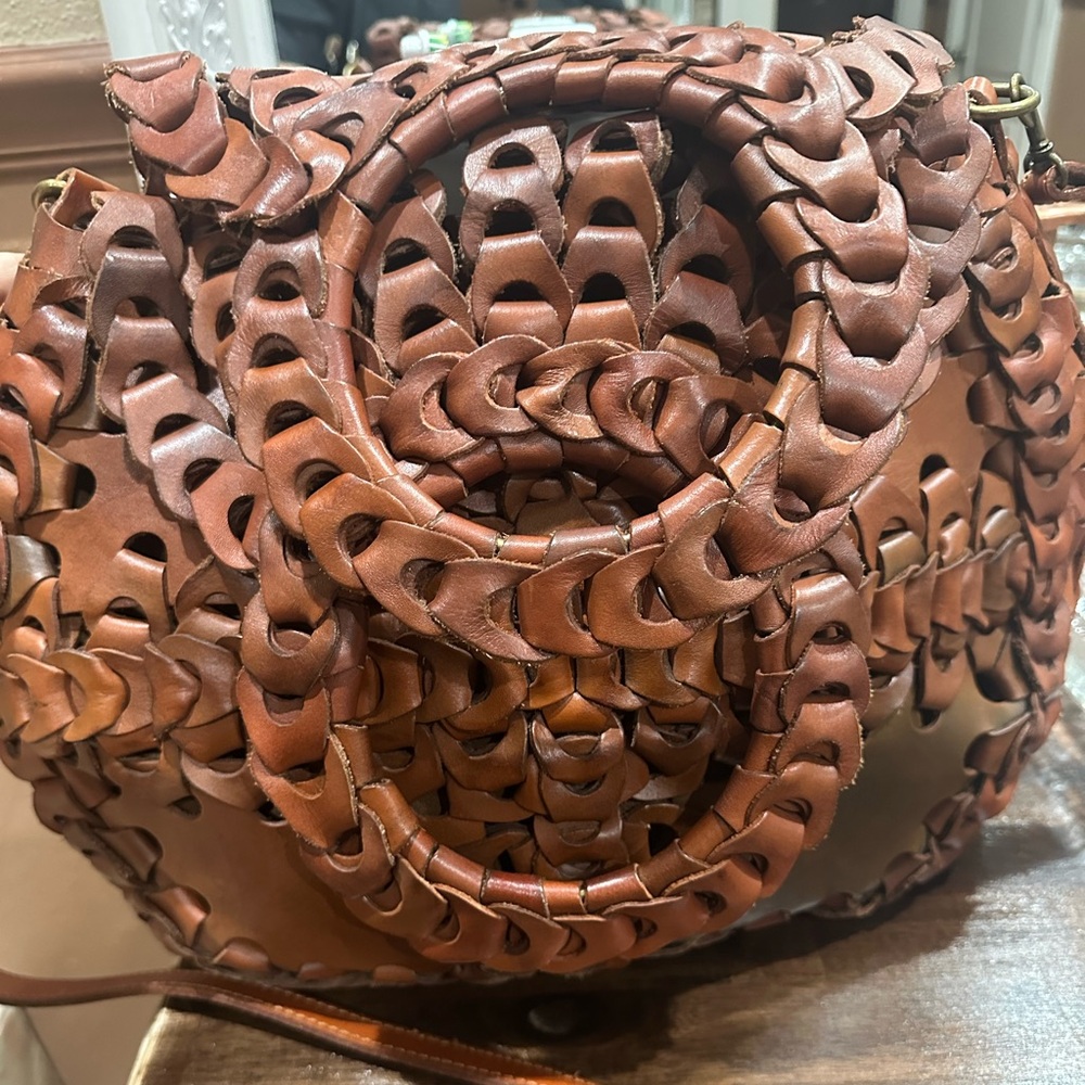 Patricia Nash Brown Leather Crossbody “Ticci Woven” Bag with Intricate Design